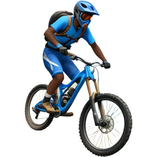 A thrilling downhill mountain biking scene! A rider in full gear speeds down a steep rocky trail, kicking up dust. The rugged mountain landscape surrounds them, with towering peaks, evergreen trees, and a bright blue sky. The rush of adventure is in the air. Transparent background. emoji