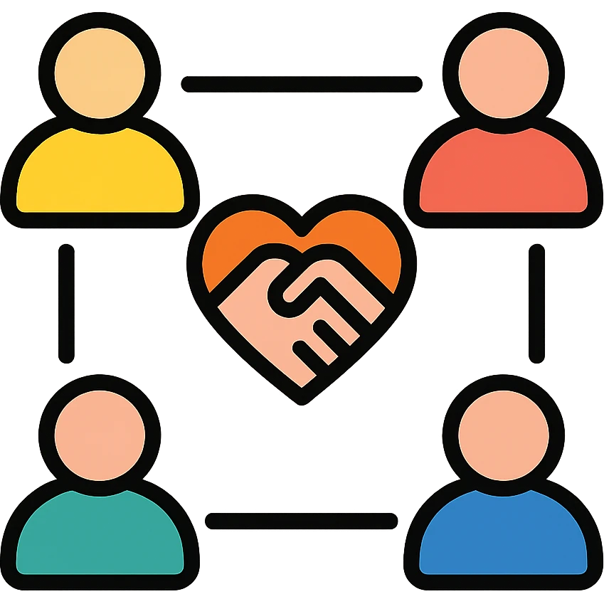 multiple candidate avatars connected by lines, with a heart or handshake symbol to show relationship emoji
