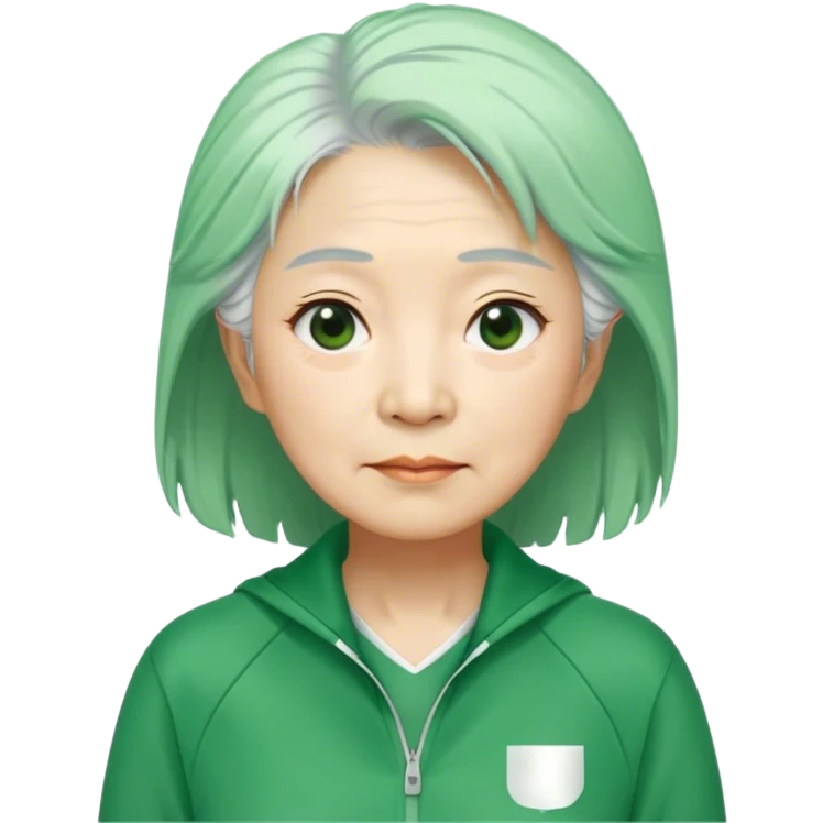 Hong is a middle-aged woman, around 60 years old, green tracksuit.  Her white tie hair, is unkempt and damp with sweat. emoji