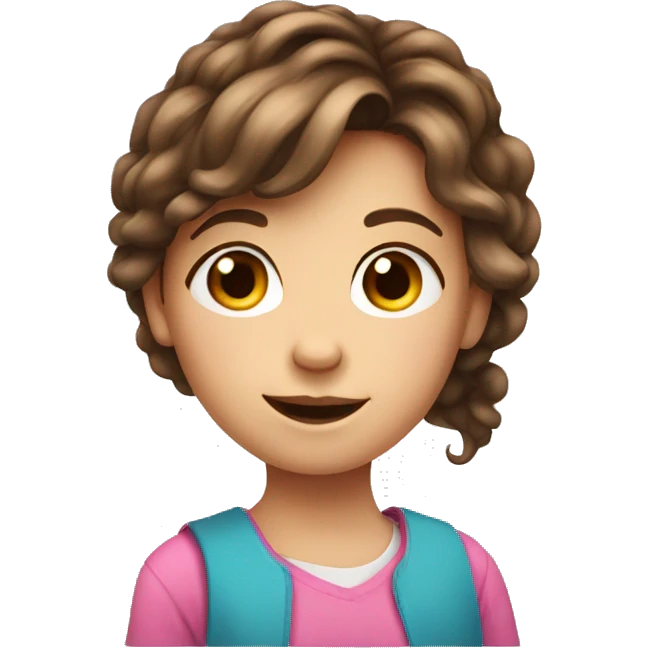 10 year old girl with brown hair and a pink scrunhy emoji