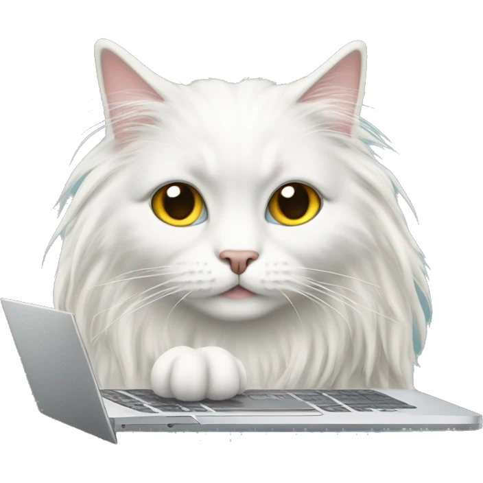 White long haired cat in front of a laptop emoji