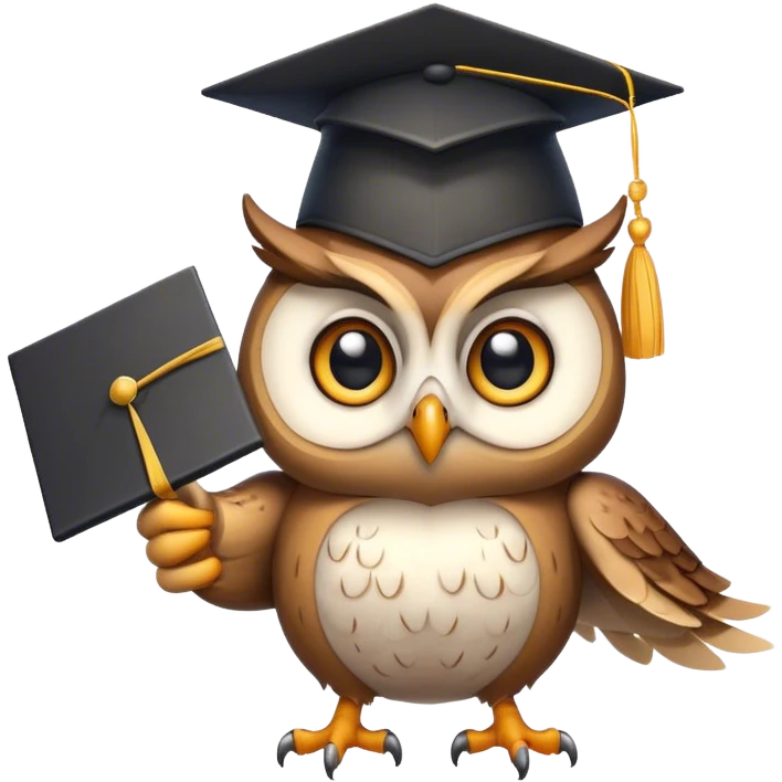 Owl smiling with graduation hat and diploma in claws emoji