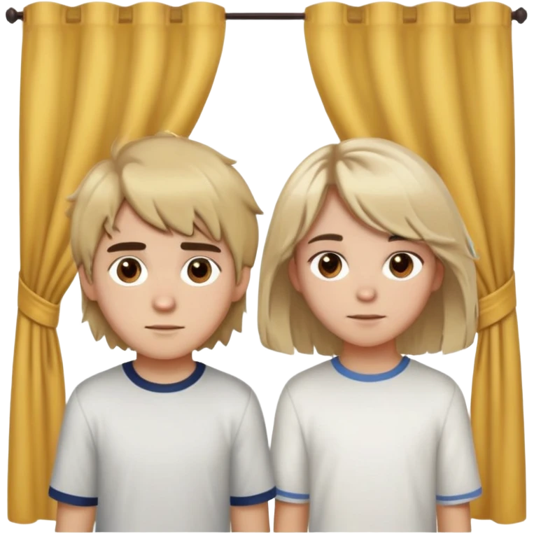 Make a couple. Boy with blondish messy mid length hair with round brown eyes and thick round eyebrows. A girl with brown hair and brown eyes she has a middle part and she has curtain bangs and she has light brown eyebrows emoji