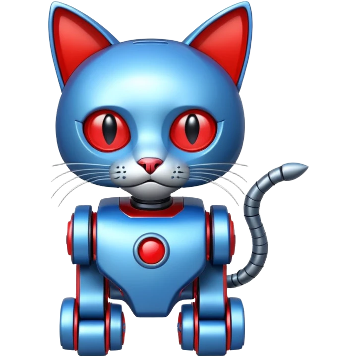 generate robot cat, glossy, realstic, red and blue color, write on tag LMX emoji