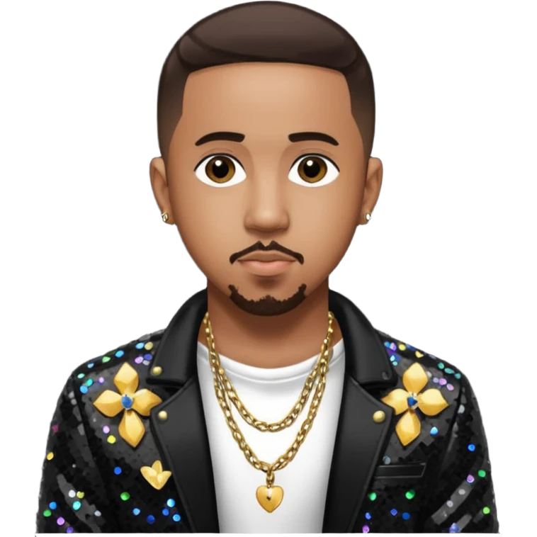 Marques Houston with dark brown hair, black sequin jacket, shirtless with necklace emoji