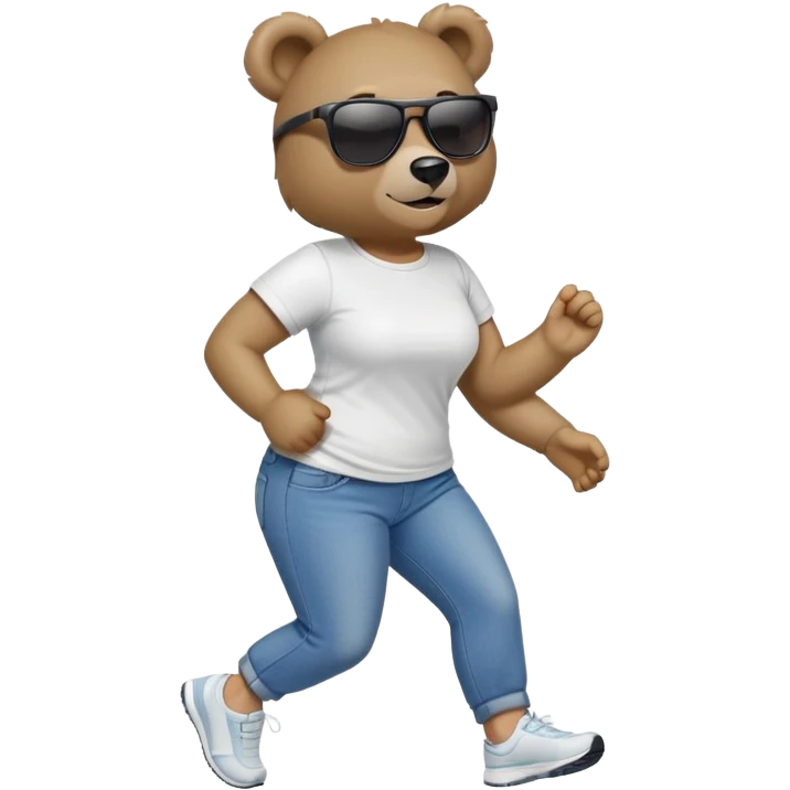 friendly anthropomorphised female bear in jeans and a t-shirt, wearing dark sunglasses, jogging upright in relaxed pose emoji