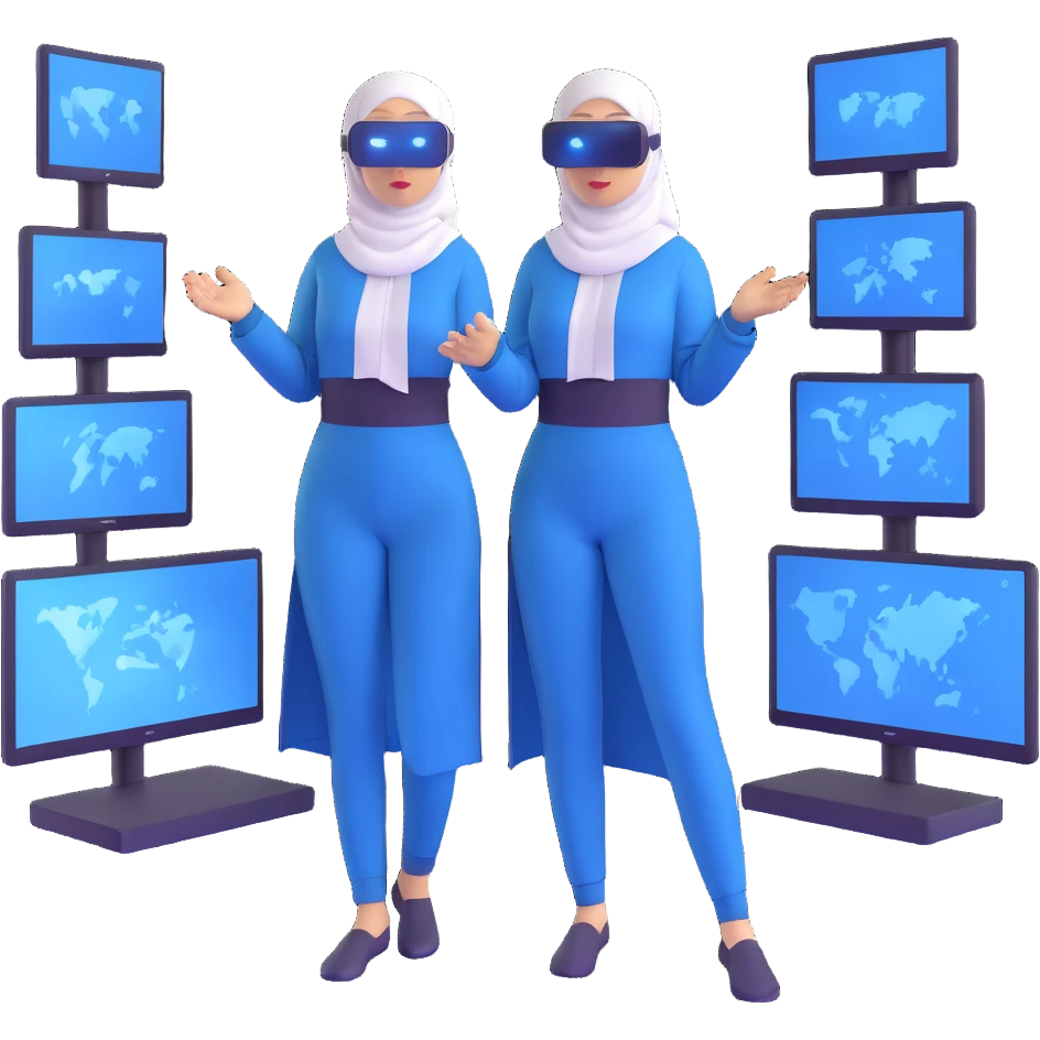 woman with white hijab in blue outfit working with multiple screens displaying digital world, virtual reality interfaces, metaverse elements, code visualization emoji