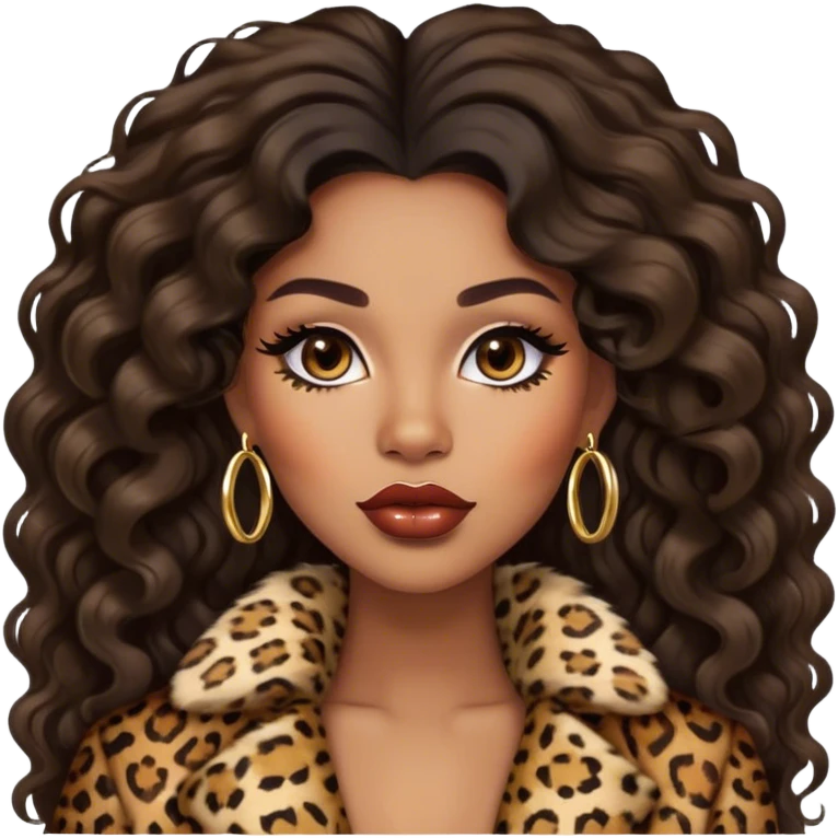 light brown skin tone, very beautiful woman, with big plump lips, long long lashes, black wavy long hair, brown eyes, leopard fur coat, gold hoop earrings emoji