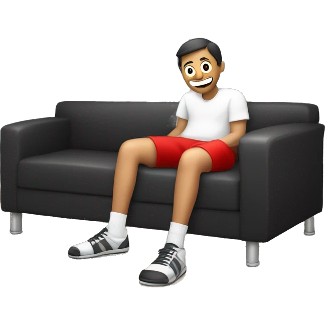 The image show a person sitting on couch. They are wearing a dirty socks and red shorts. Their legs are extended, with one foot closer to the camera. The person is wearing white socks with black text near the top, one of which is on the floor. emoji