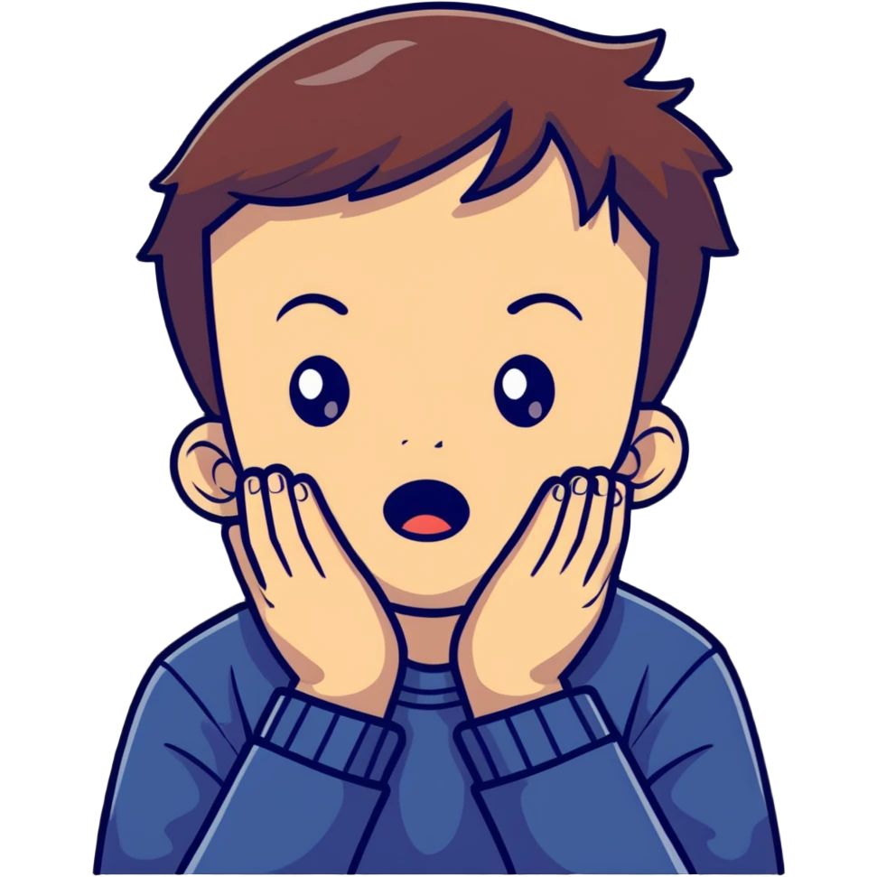 A young boy with both hands pressing on his cheeks, looking amazed or shocked emoji