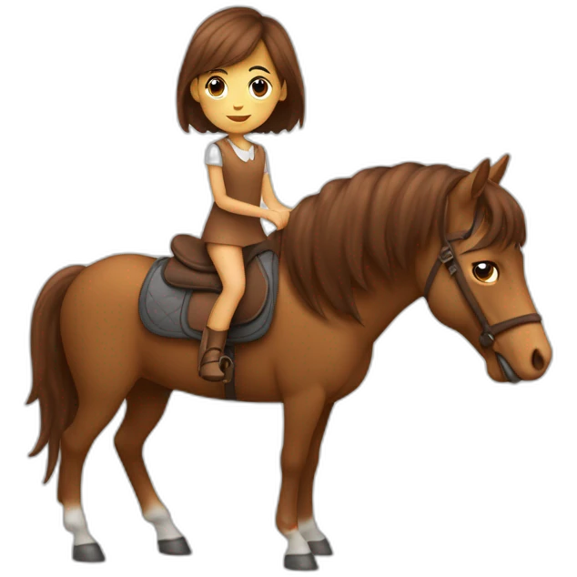 Un cheval marron avec une fille à côté qui a les cheveux brun emoji