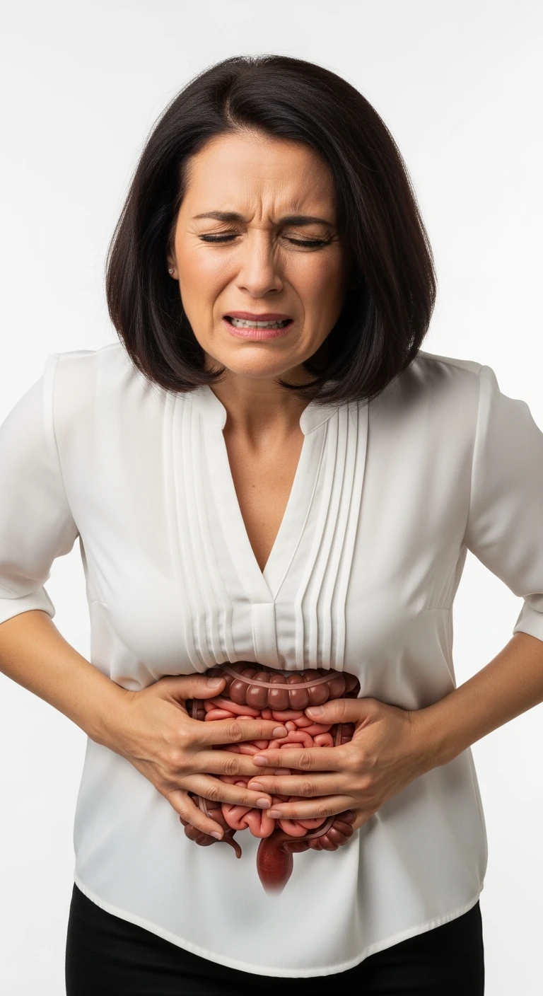 DONNA CHE SI TIENE LA PANCIA DOLORANTE CON INTESTINO VISIBILE, ESPRESSIONE DI DOLORE IN VOLTO, iperrealistico 4k, ISOLATA SU SFONDO BIANCO emoji