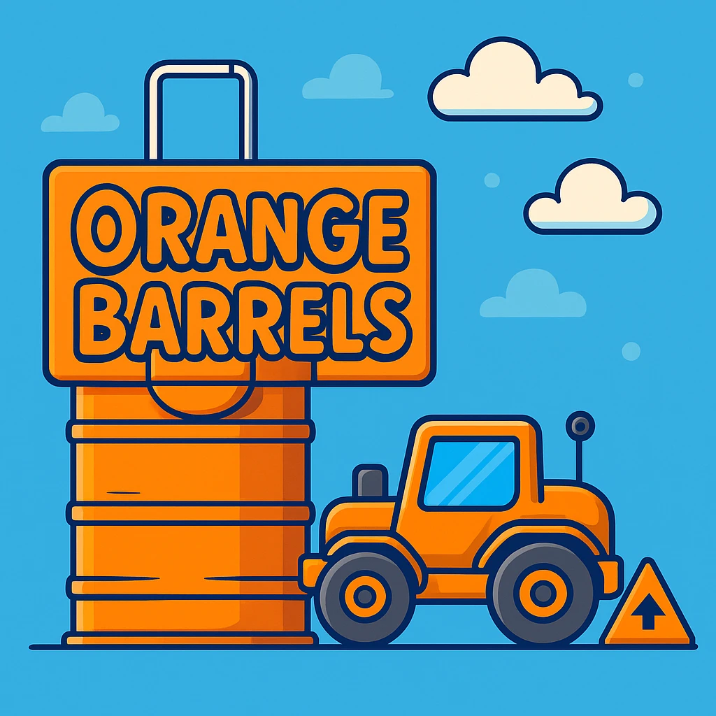 Add a sign next to the orange road construction barrel that says 'Orange Barrels' in a playful cartoon font. Keep the bright, fun background. emoji