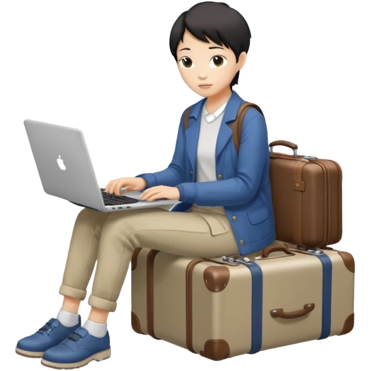 페르소나 요약 : 교환학생을 준비하는 대학생. 동양인 중성 20대의 상반신, 캐주얼한 옷을 입은 채 노트북을 보고 있으며 옆 한켠에는 캐리어가 함께 준비되어 있어요. emoji
