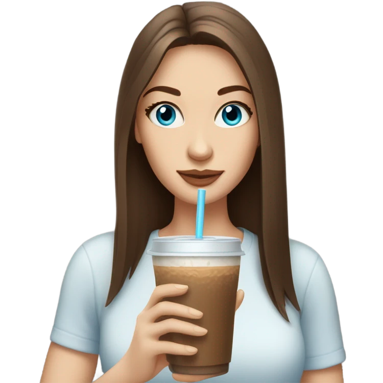 brown hair blue eyes long straight hair white skin woman holding an iced coffee emoji