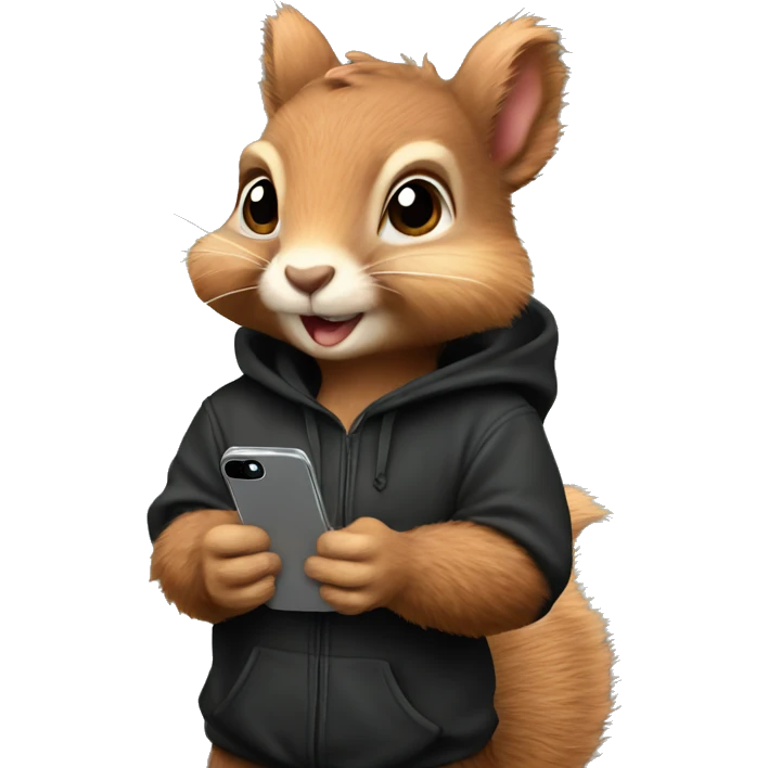Cute realistic fluffy Squirrel with fluffy ears in black hoodie holding an iPhone  emoji