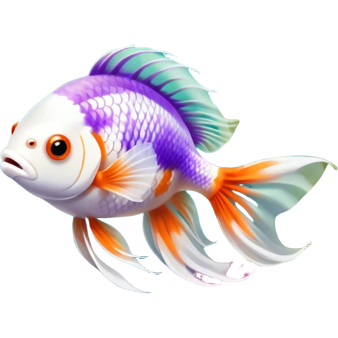 Large aquarium fish like veil tails and lionhead goldfish swimming gracefully in a beautifully decorated aquarium. Colorful aquatic plants, smooth rocks, and gentle bubbles surround the fish. The water shimmers in sunlight, creating a peaceful and vibrant underwater scene. Transparent background. emoji