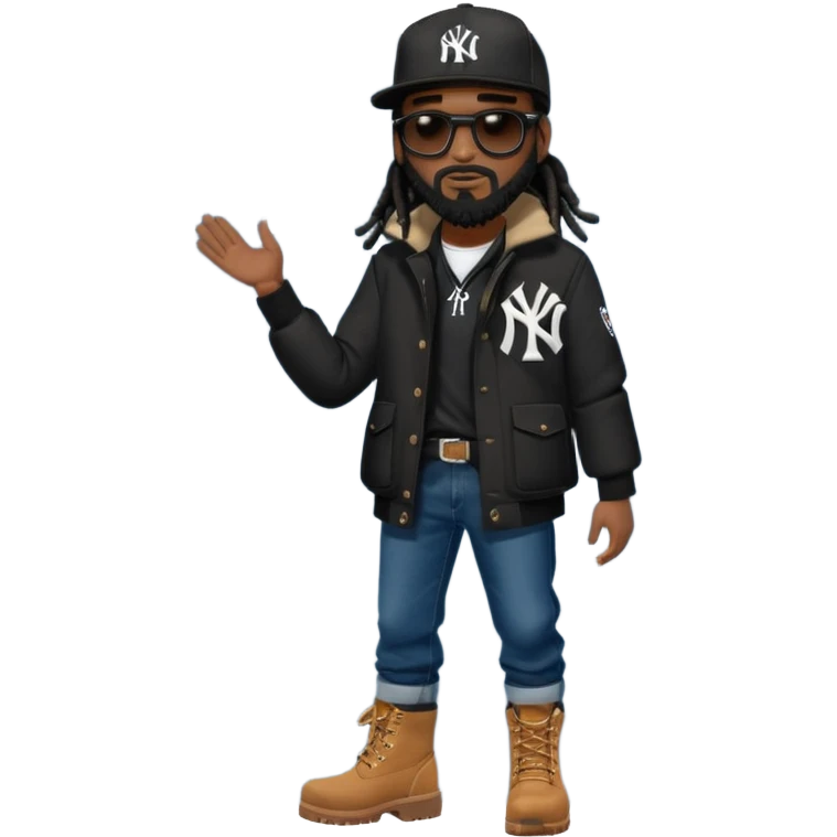 African American man with shoulder length black dreadlocks with black beard wearing black sunglasses wearing a black New York Yankees logo baseball cap wearing a black bubble winter coat wearing denim skinny jeans tying up his timberland boots emoji