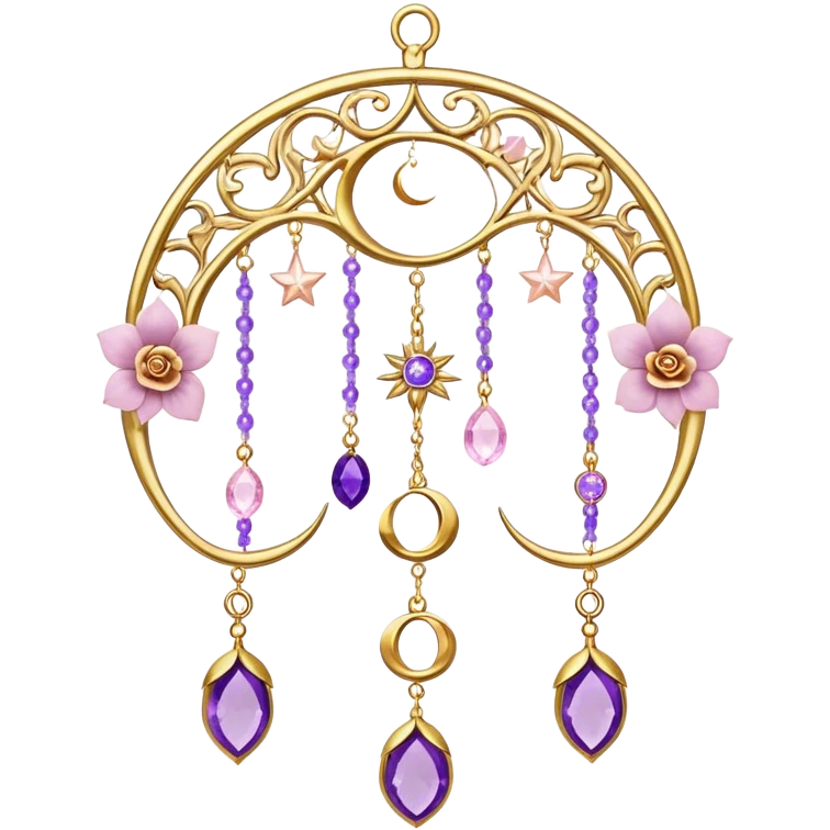 Epic Hanging gold suncatcher, threads with shiny sparkly amethyst and rose-quartz gemstones, flowers, crescents-moons emoji