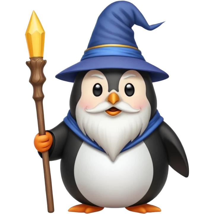 chubby penguin wizard with a long beard holding a wand, emoji style emoji