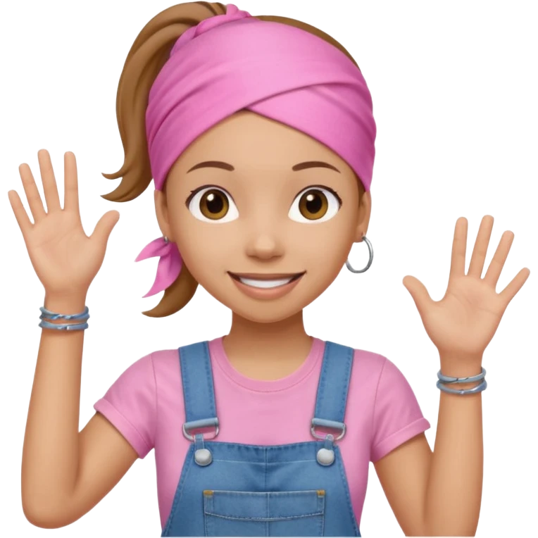 Light skin woman with brown ponytail and light pink head bandana. pink t-shirt with denim overalls. Expression is friendly with big smile and waving hello emoji
