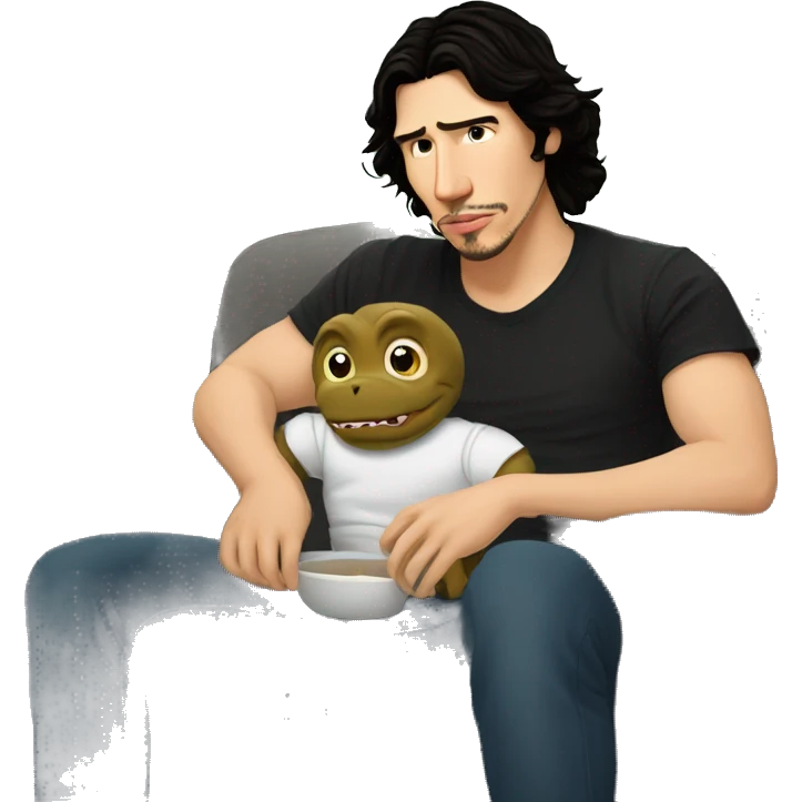 Adam driver in couch with baby black T. rex  watching a movie  emoji