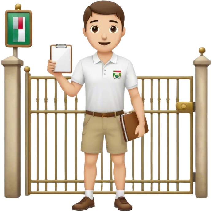 Pool attendant. white polo shirt. khaki shorts. waving. standing next to gate. mexican. holding clipboard emoji