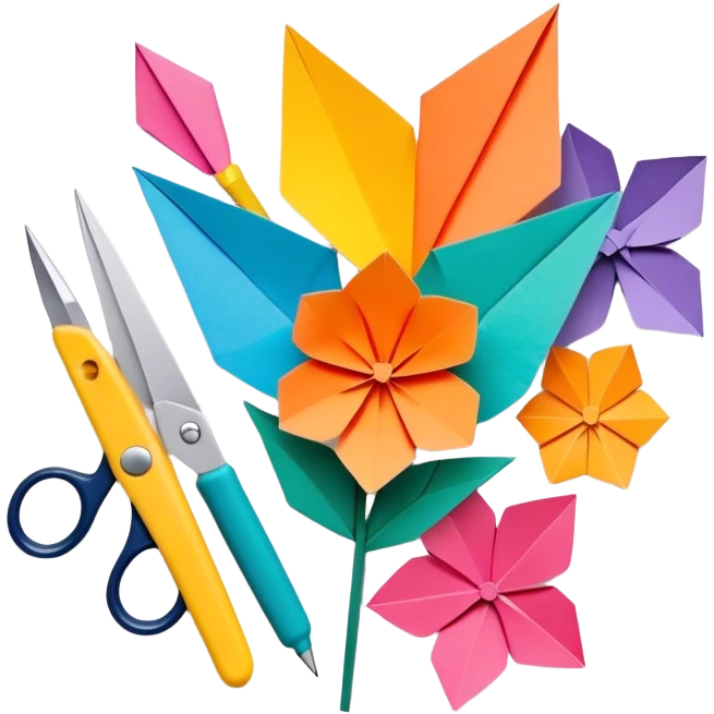 Paper crafting icon, various paper crafts like origami, paper flowers, and scrapbooking materials, visible tools such as scissors, glue stick, and paper sheets, colorful paper patterns, minimalistic style, clean lines, transparent background. emoji