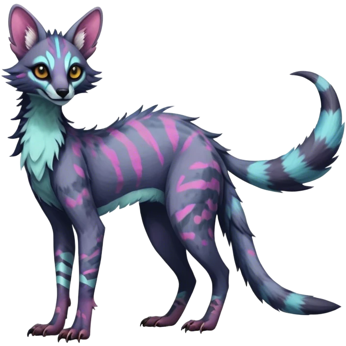 Feral Rare Fantasy dark colorful pastel vibrant tropical Vernid-Sergal-Genet-Trico-species by LiLaiRa, random markings, tufted tail, tufted ears, full body emoji