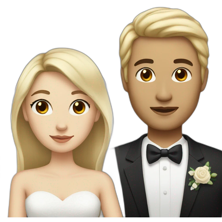 Woman with dark brown and straight hair with black eyes and man with blonde hair getting married emoji