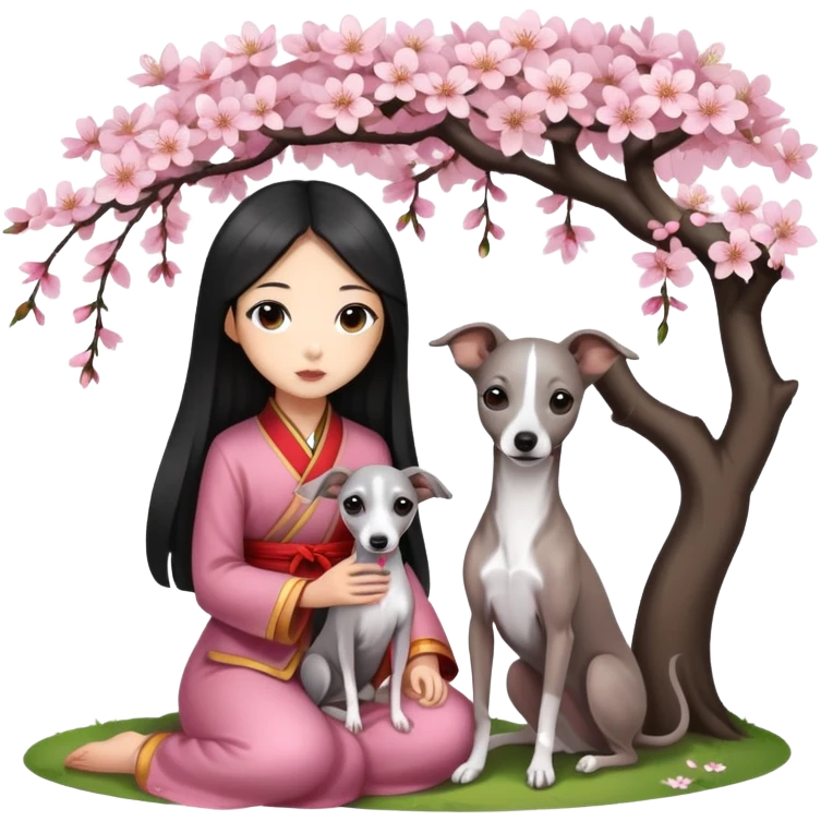 A young Chinese girl with long black hair and a dark grey Italian Greyhound with absolutely no white marks on its body or nose sitting under a cherry blossom tree emoji