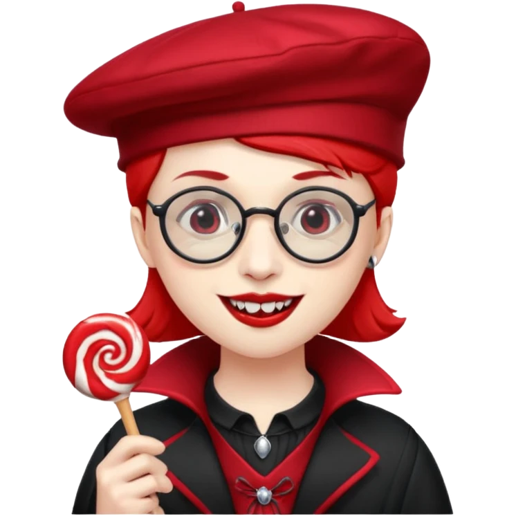 Vampire with lollipop, beret and glasses, teeth looks like vampire emoji