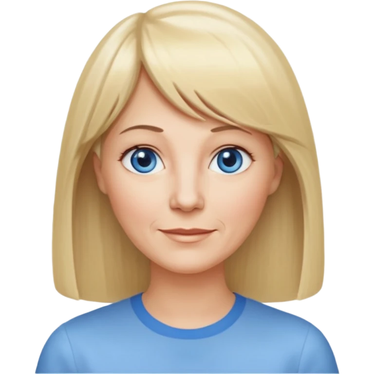 50 yr old white woman, center parted hair with bangs, very long straight blond hair, oval face, small smile, blue eyes, thin face, hair downback, hair parted at center of head, round cheeks, pale, longer hair, white shirt emoji