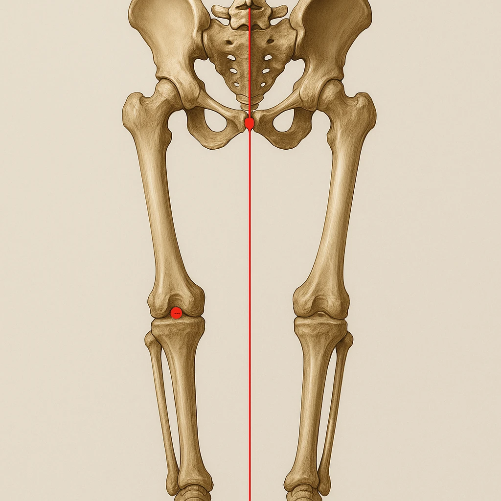 Hyperrealistic anatomical illustration 4K, rear view, 1:1 proportion, normal knee seen from behind, pelvis bones, femur, tibia, and fibula clearly highlighted, red mechanical axis line, realistic details, medical style, neutral background. emoji
