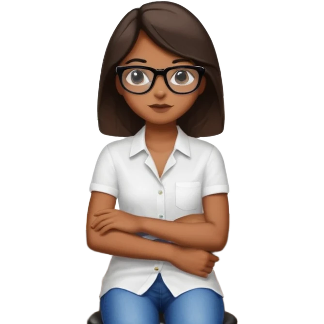 No pero que las florecitas azules estén en la camiseta dibujadasCréame una chica morena de pelo más o menos por los hombros con granitos en la cara y unas gafas negras, que esté sentado en una silla de bar con una camisa blanca con florecitas azules emoji