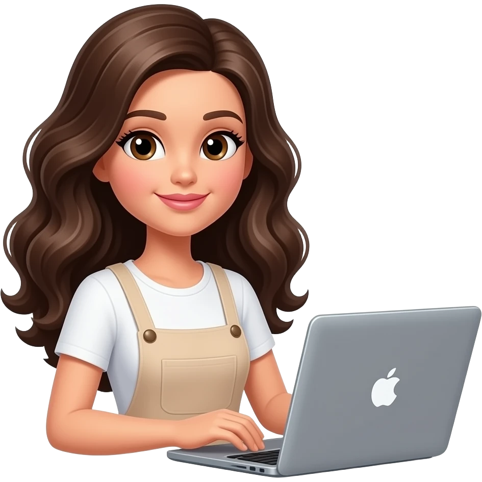 barbie girl with dark brown wavy hair in white and beige clothes is working with grey macbook emoji