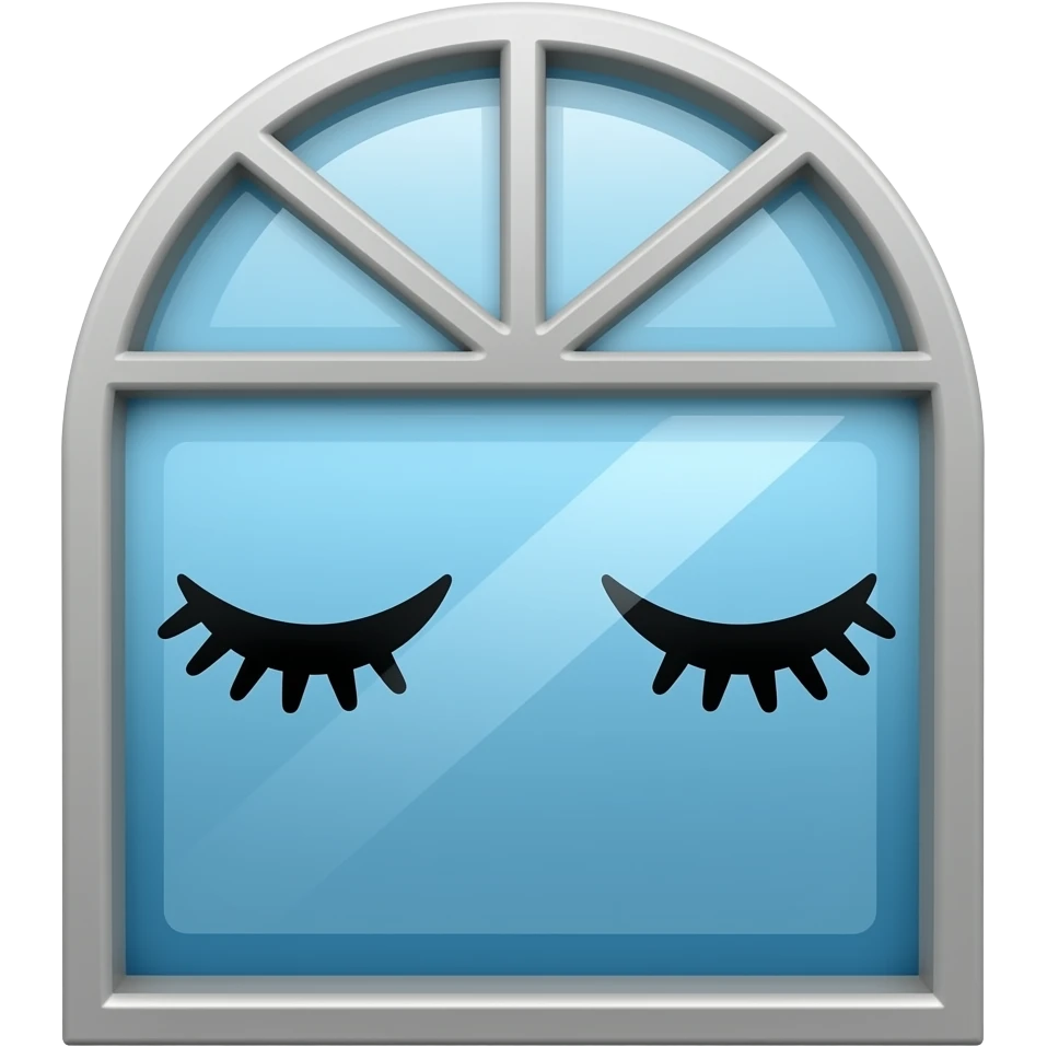 A glass window with a cute face with eyelashes emoji