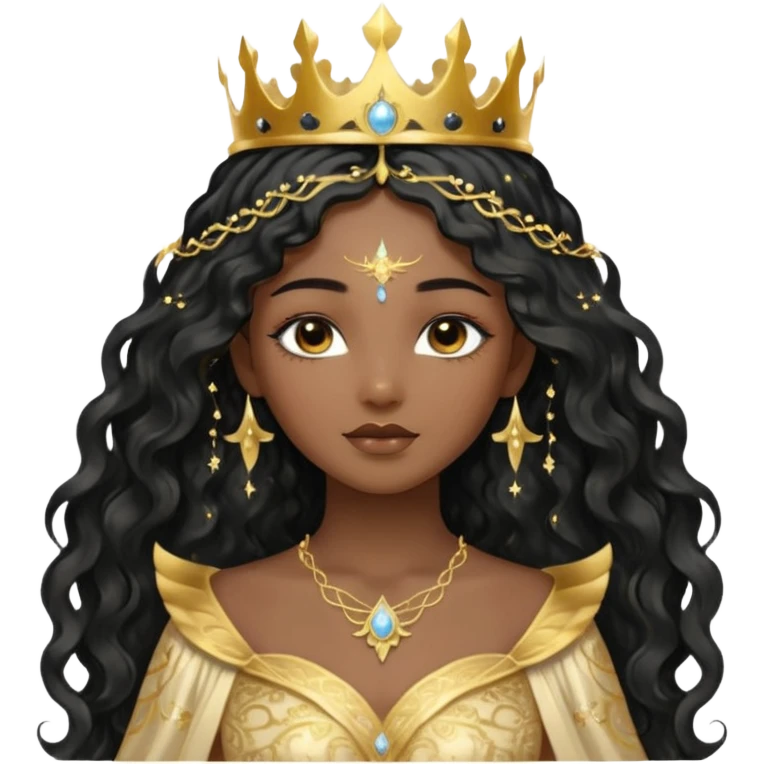 a black beautiful angel with gold pattern on her face and and long wavy black hair, she wears a ethereal crown with sparkling strings and a beautiful sparkling golden gown with moon crest in the middle of the gown, her face calm, gentle and kind, magical aura around her emoji