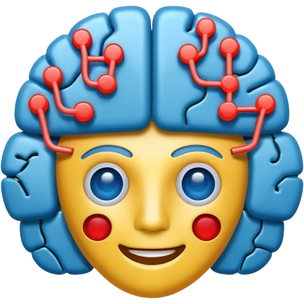 brain with circuits AI emoji icon, cheerful expression emoji
