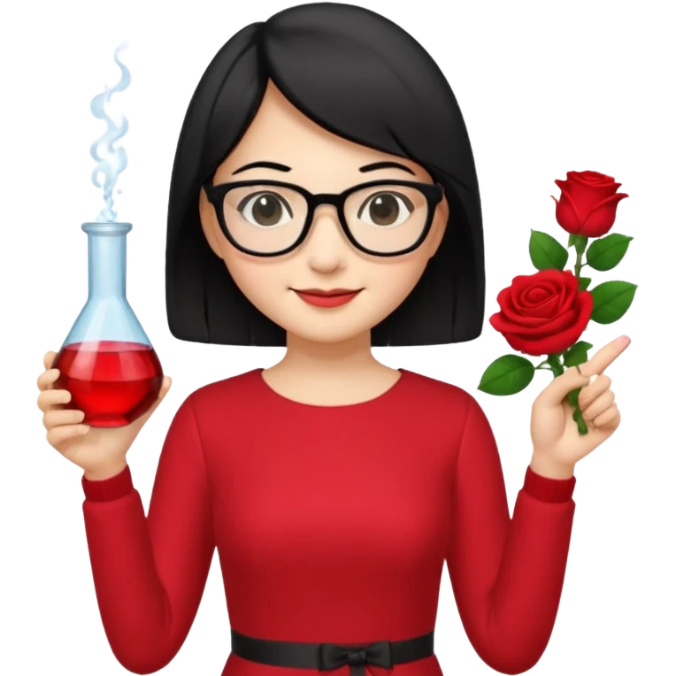 female asian chemistry teacher wearing glasses holdin a flask pointing right with straight short hair to her shoulders wearing a red dress with roses on it and black hair and make the glasses more retangle and make her hold a flash with one hand and with the other point right and make her smile emoji