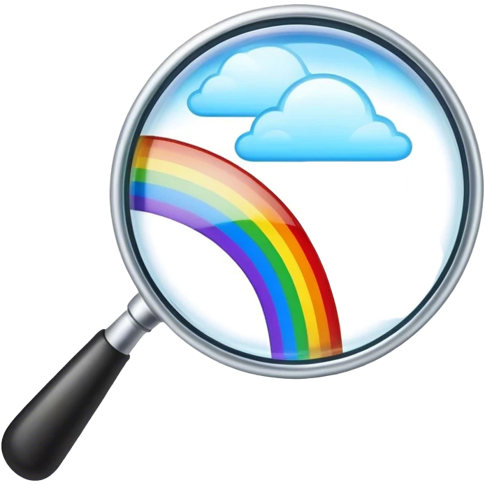 a magnifying glass with a rainbow river flowing through it and passing by emoji