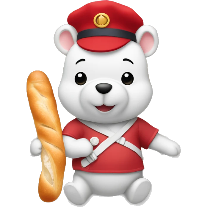 parisien style white pooh, with red beret on head and baguette in arms, and with eiffel tower in background emoji