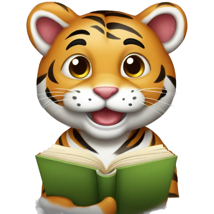 a cute tiger holding a book smiling and looking ready to study. Make the image high quality and clean emoji