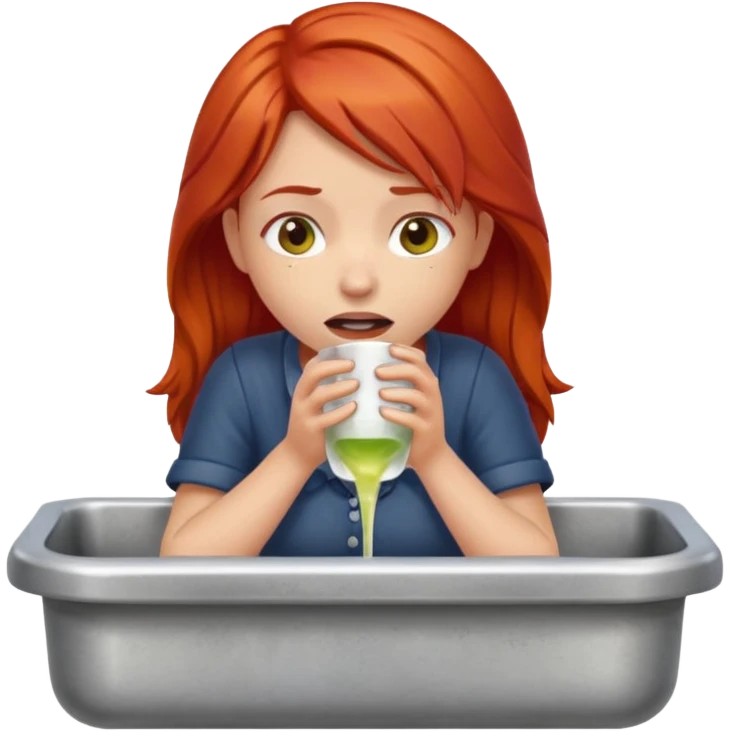 apple style emoji of a girl with red hair at a dry sink, showing signs of thirst and fatigue emoji