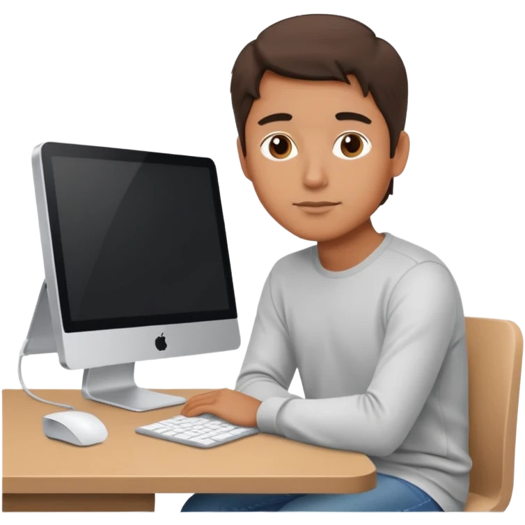 emoji of a man sitting at the table with an imac on it, a man sits in a very thoughtful pose emoji