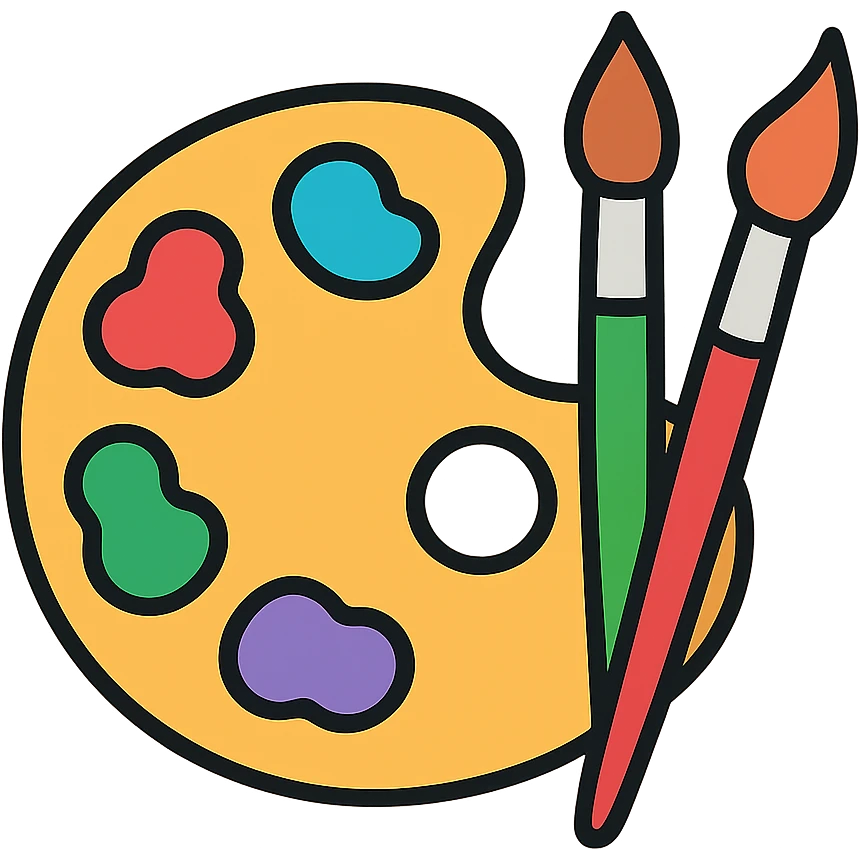 Detailed artist's palette with colorful paint blobs, palette holes, and paintbrushes nearby. Colorful outlined icon style. emoji