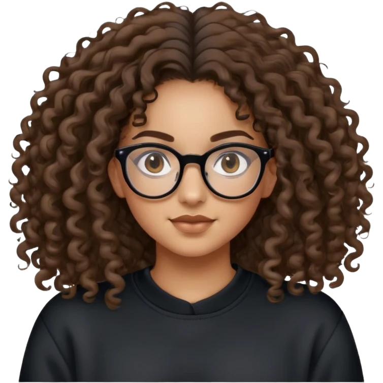 Mixed girl /curly long hair brown / with black eyes glasses black sweat shirt middle part attached hair emoji