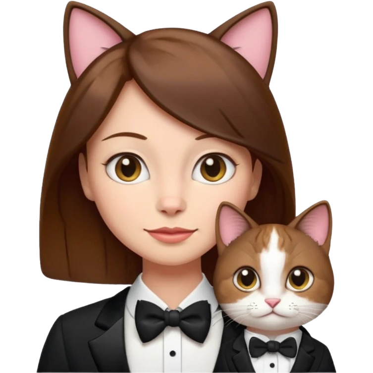slightly more feminine woman with short brown hair and a tuxedo cat, emoji style, variation 2 emoji