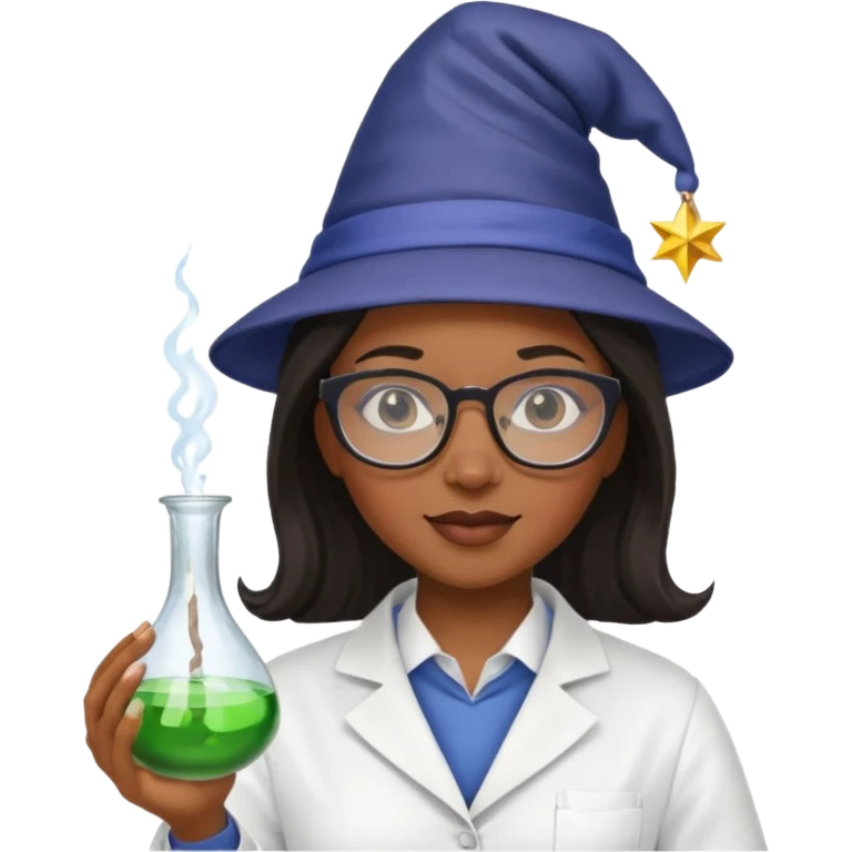 black woman scientist with glasses, wearing wizard hat custome, with glass vase emoji