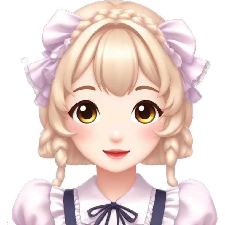 Gorgeous anime style lady blushing face maid outfit Lolita idol model colorful shiny sparkle kawaii pastelcore cottagecore pearly petite simplistic aesthetic trending style emoji